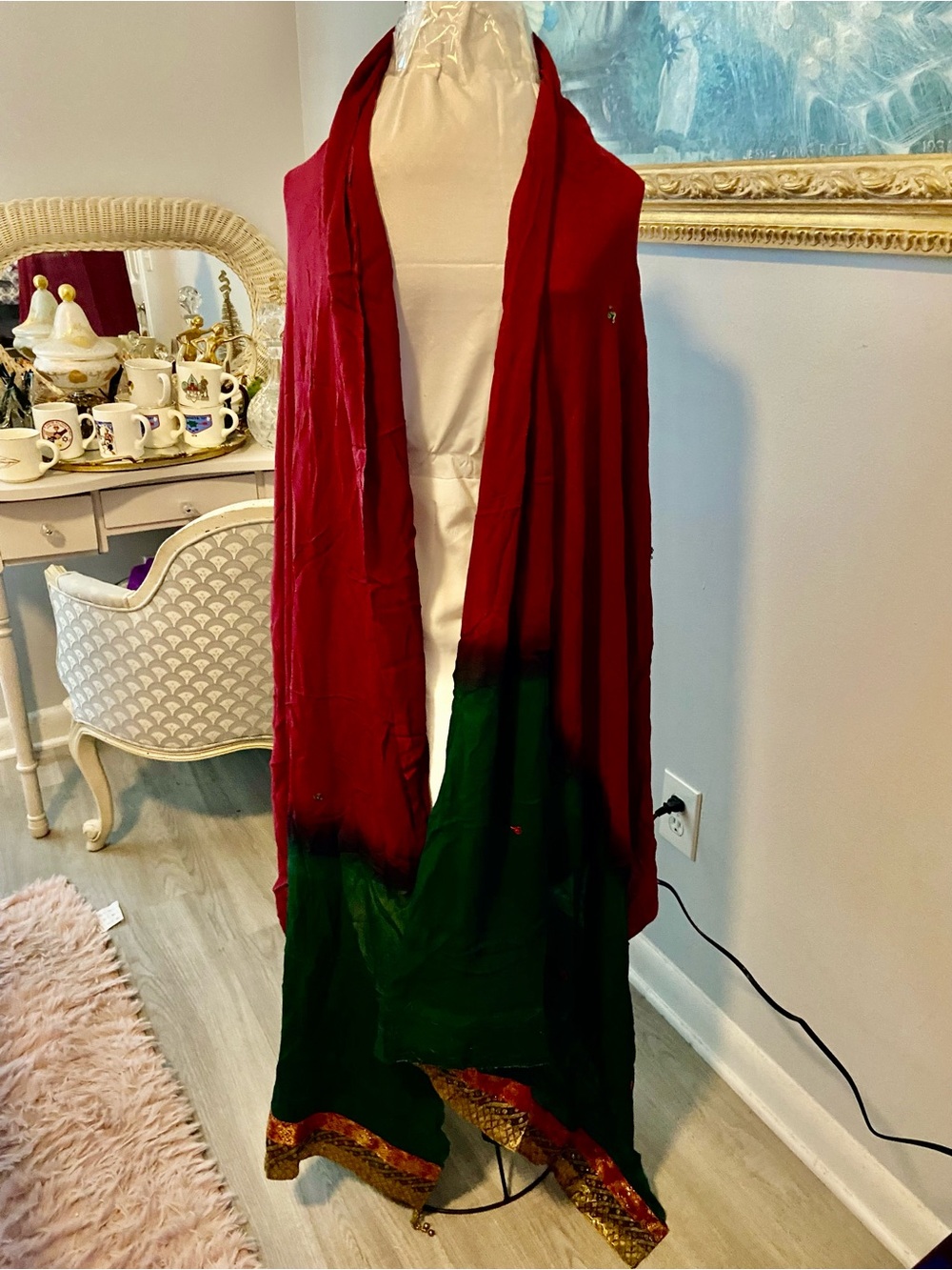 Vintage Handcrafted Silk Blend Dupatta Scarf | Maroon & Green Colorblock Artisan